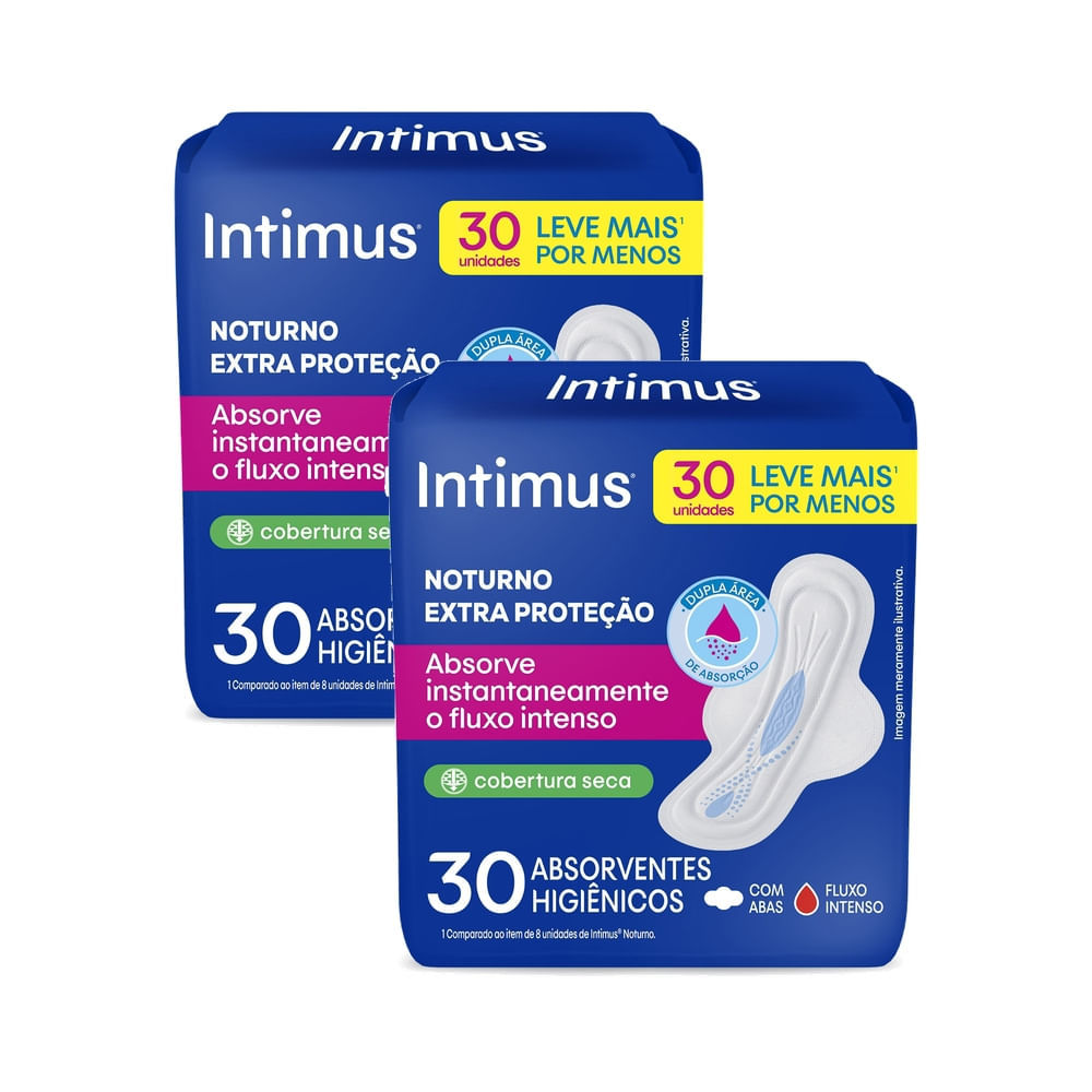 Kit 2 Absorvente Intimus Toda Protegida Noturno Seca com Abas 30 Unidades Leve Mais Por Menos