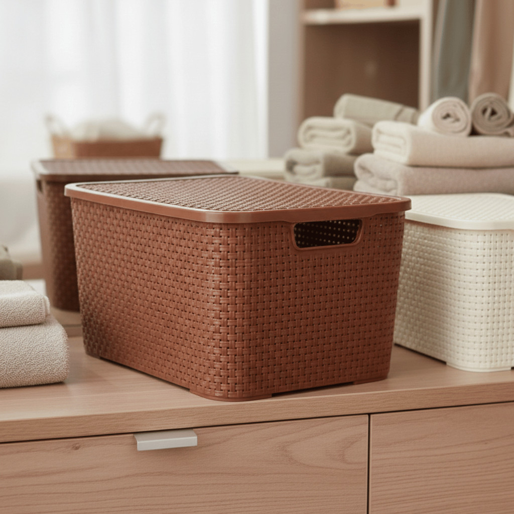 Kit 2/3/6 Caixa Organizadora Rattan 15L Marrom Café Tampa Trava ARQPLAST / Jogo Cesto Armazenamento