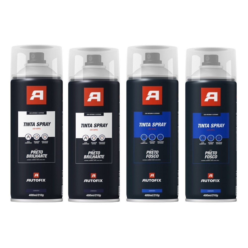 Kit 4 Tinta Spray Uso Geral 400ml - Autofix 400ml - Preto Brilhante e Fosco em Oferta na Shopee