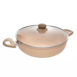 Wok Lyor para Indução com Tampa de Vidro 28cm Bege Revestimento Cerâmico Antiaderente Cozinha Prática Rápida e Eficiente