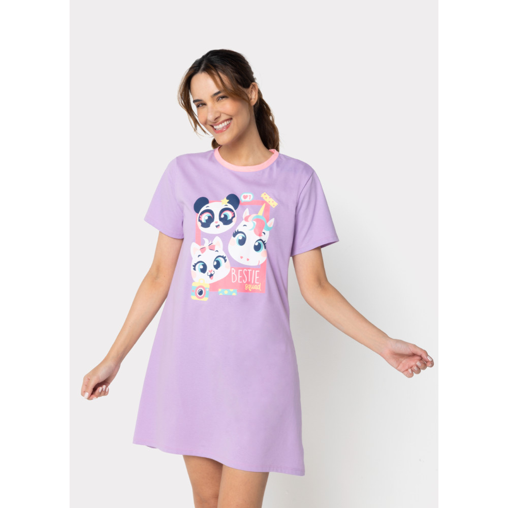 Camisola Manga Curta Algodão Feminino Multibichos - Puket em Oferta na Shopee