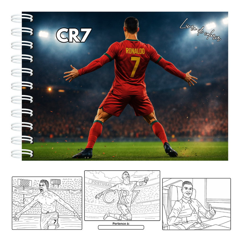 Livro De Colorir Cristiano Ronaldo Cr7 Capa Dura 50 Páginas 180g A5 Laminação Brilhosa Ou Fosca Com Acetato