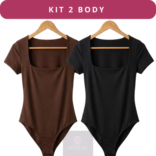 Kit 2 Bory Manga Curta Body Decote Quadrado Feminino Liso Suplex Basico