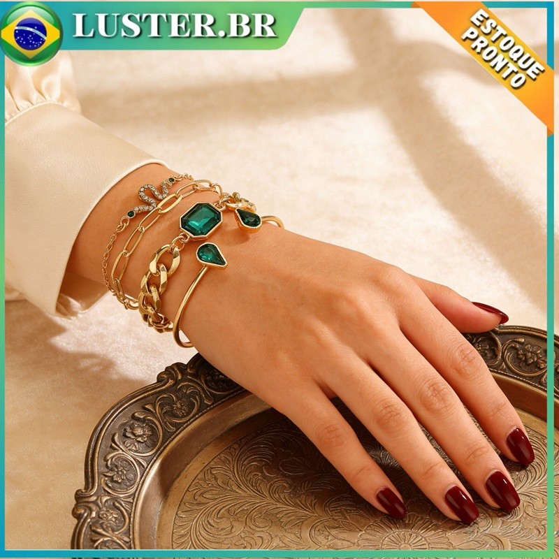Kit de 4 Pulseiras Femininas Douradas ,Pedras Verde Esmeralda e Strass Brilhantes
