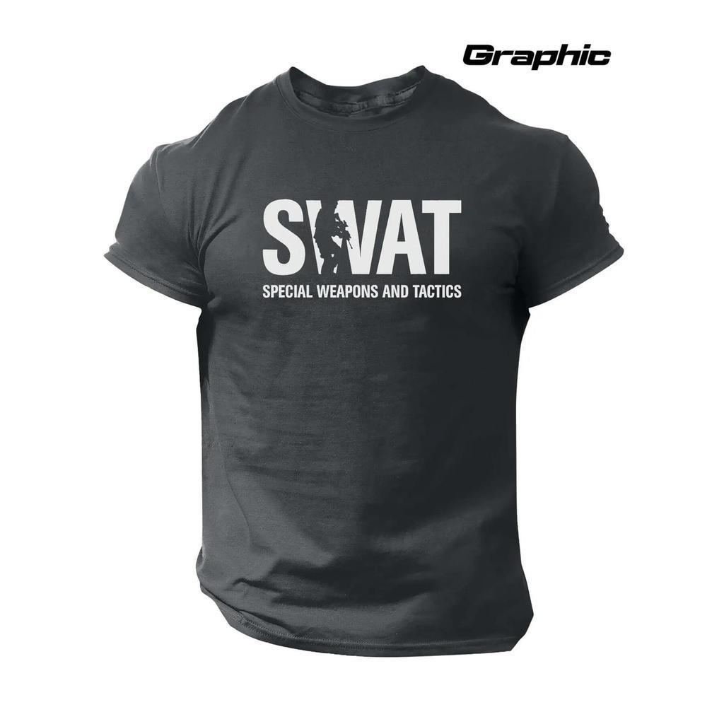 Camisola Gráfica SWAT para Homem - Camiseta Tática For?as Especiais com Design de Equipa SWAT, Camisola Elástica de Gola