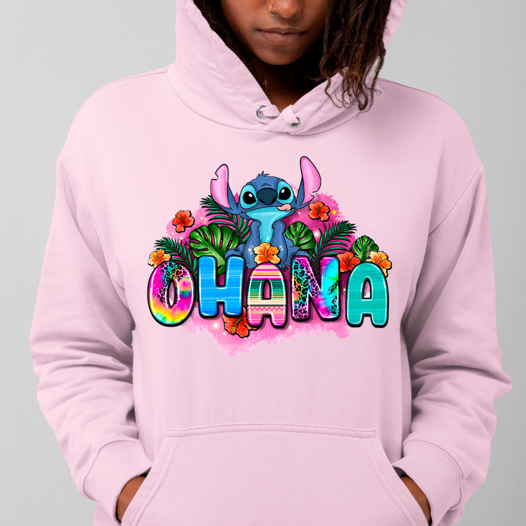 Casaco Moletom Canguru Lilo Stitch Ohana Estampa Floral 100% Algodão Confortável Ajustável Top