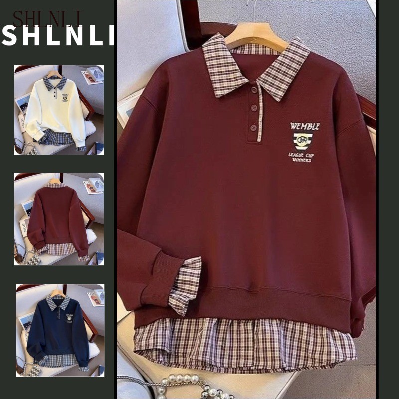 Moletom Feminino Plus Size Falso De Duas Peças Com Gola Polo Coreano Solto Xadrez Estilo Universitário Para Primavera Ou