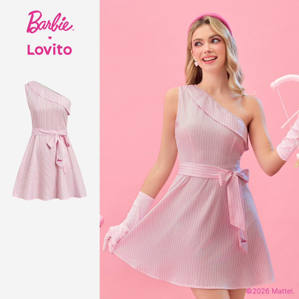 (New arrival) Barbie™ X Lovito Vestido Casual Gravata Frontal Assimétrico Primavera/Verão Mulheres DRBL2PAD050 em Oferta na Shopee