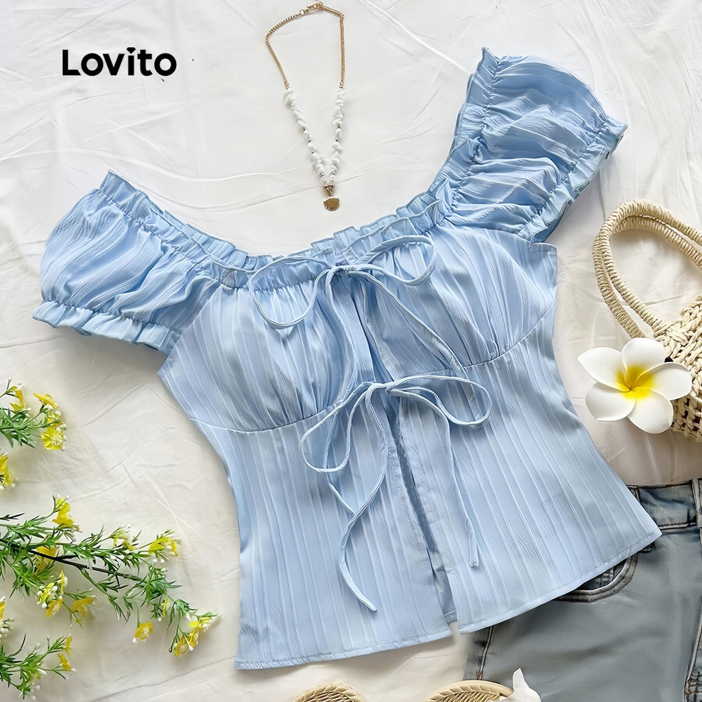 Lovito Blusa Casual de Renda com Laço Acabamento de Alface Rosa Primavera/verão para mulheres L139AD009 em Oferta na Shopee