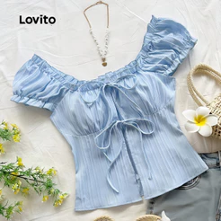 Lovito Férias Blusa De Renda Com Laço Acabamento De Alface Rosa Primavera/Verão Babado Para Mulheres Bordado L139AD009