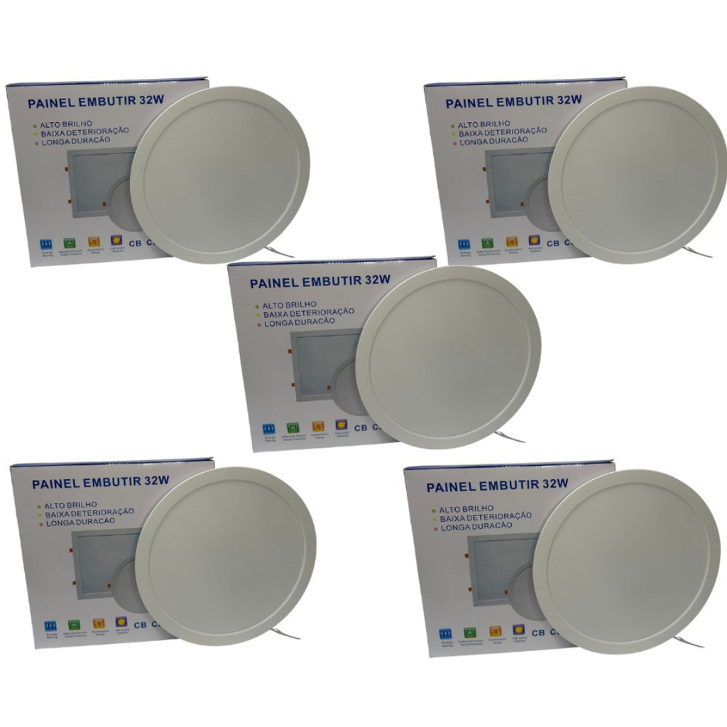 KIT 5 Luminária Plafon LED 32w Redondo Embutir Branco Frio 6500k/Neutro 4000k de PVC bivolt Pop 1ª Linha Promoção