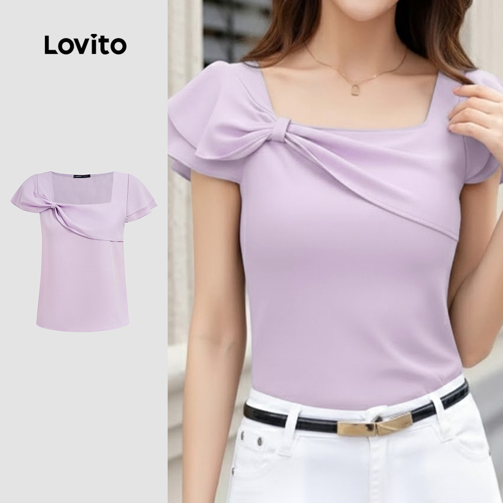 Lovito  Camiseta Elegante com Babado Assimétrica Primavera/verão Roxa para Mulheres L171ED353