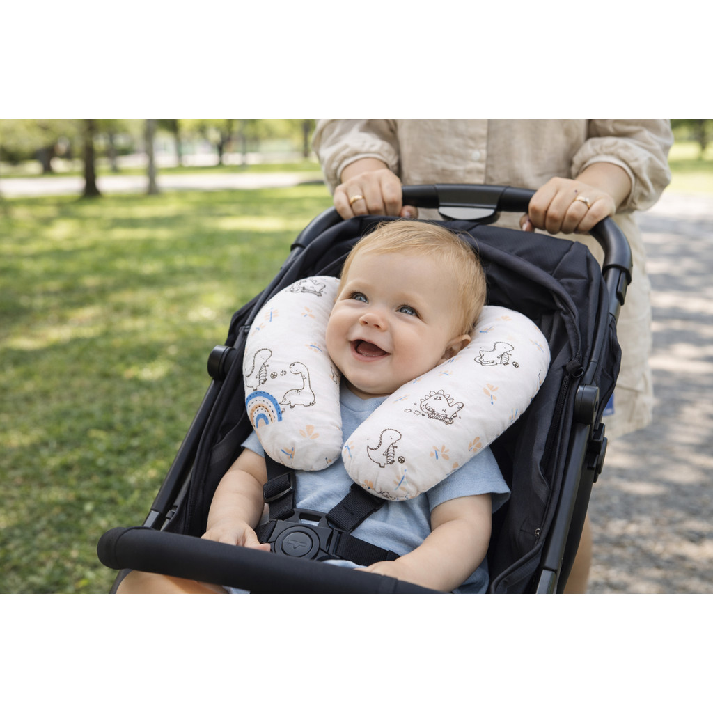 Almofada Pescoço Infantil bebê Travesseiro Apoio cabeça Viagem Enxoval 26x25 cm Estampa Dino suporte