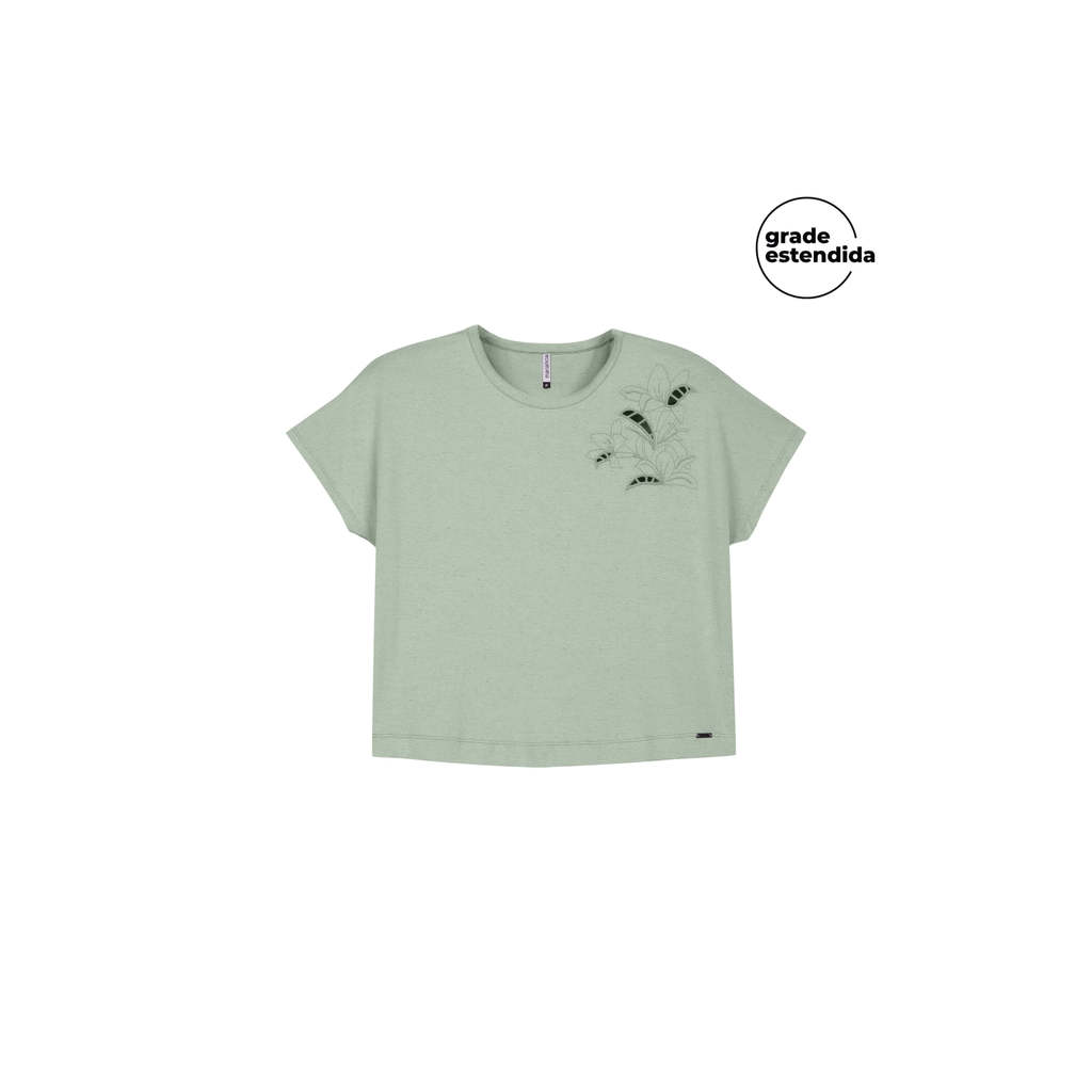 T-Shirt Feminina Bordado Folhas Marialícia Verde