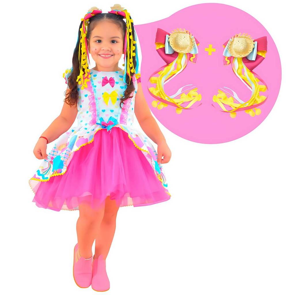 Kit Vestido Festa Junina São Joao Quadrilha Tule Rosa + 2 Laço para Cabelo