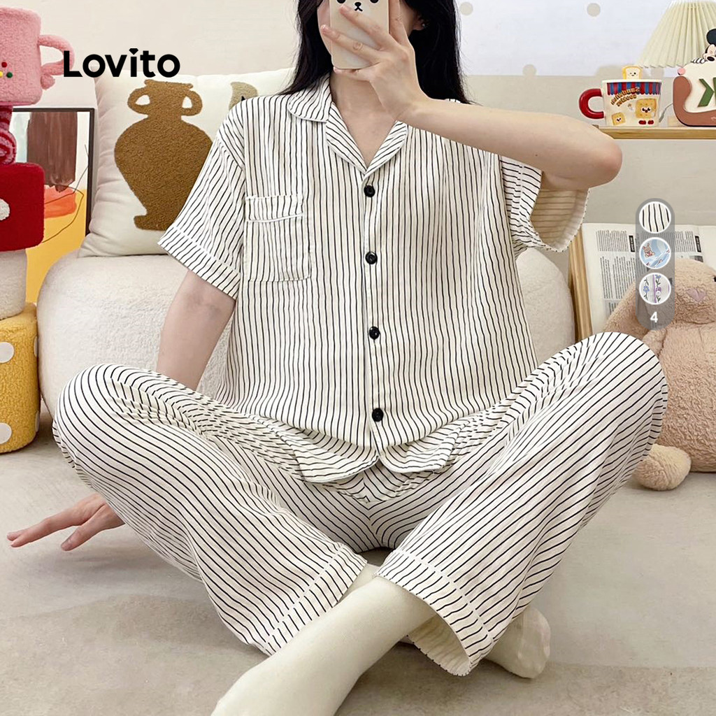 Lovito Conjunto De Pijama Feminino Casual De 2 Peças Estilo Coreano Para Usar Em Casa Ou Na Primavera/verão LNE130015 em Oferta na Shopee