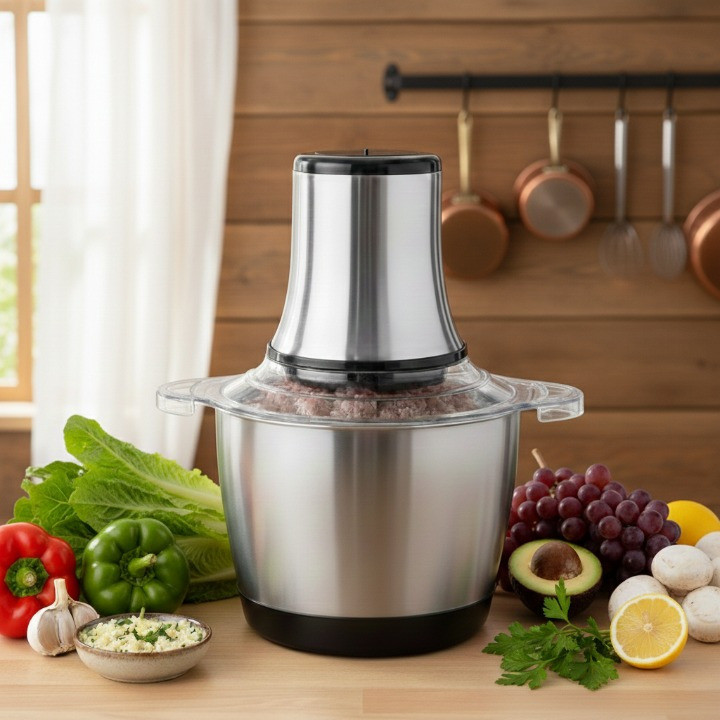 Picador de Alimentos 3L Moedor Elétrico para Carne Legumes e Temperos Inox 110v/220v