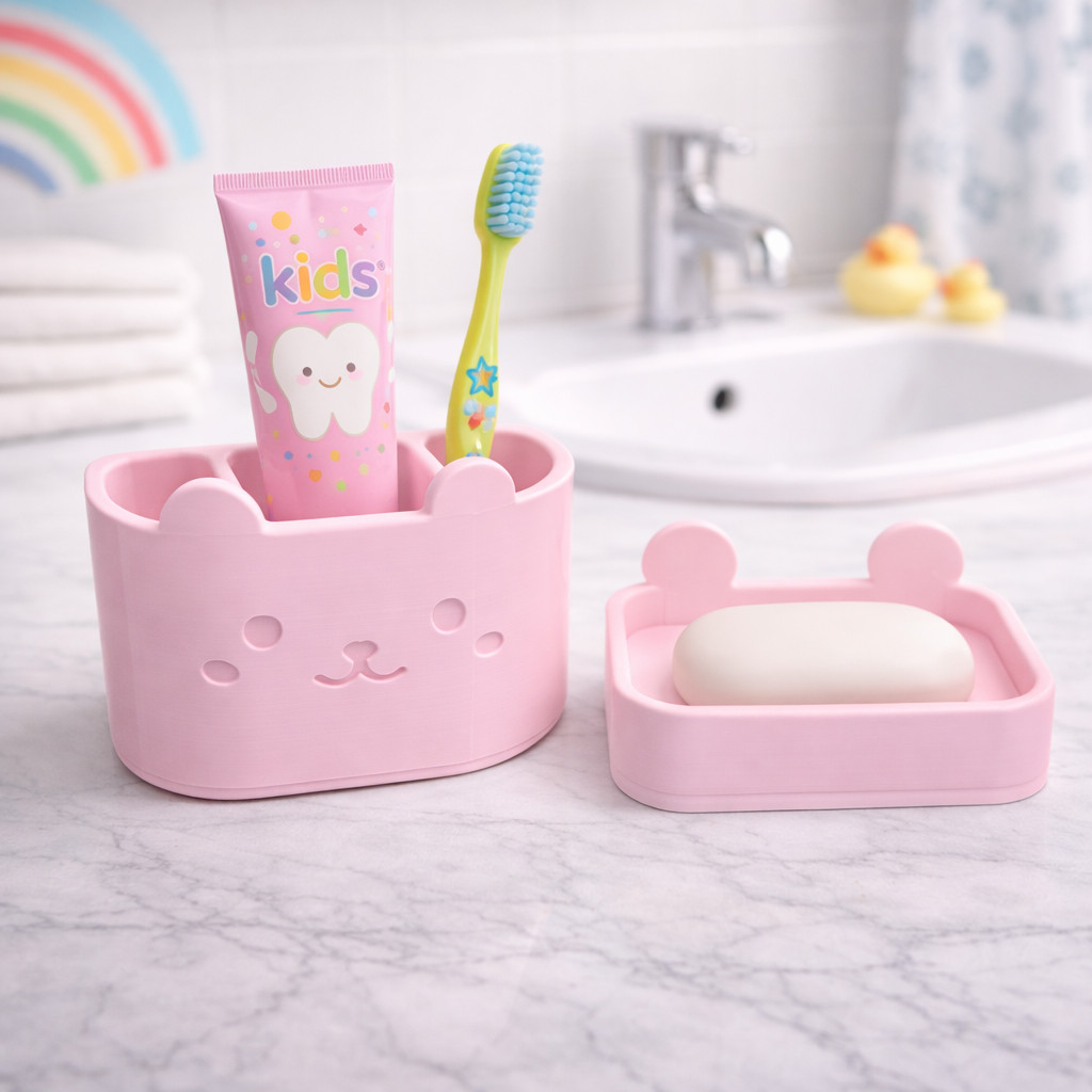 Kit Infantil Porta-Escova + Saboneteira Ursinho de Banheiro Infantil Decorativo e Funcional