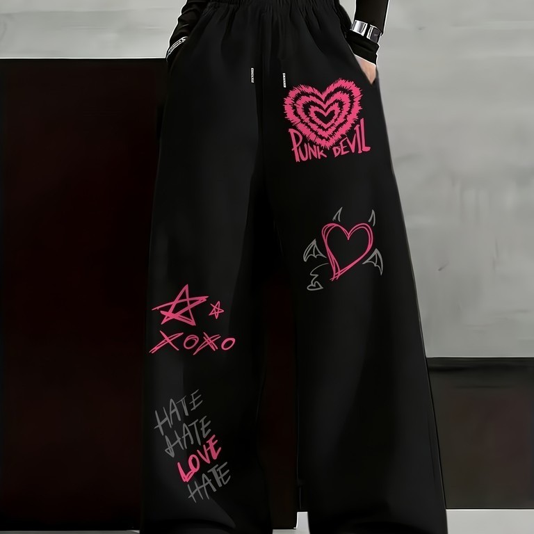 Calça Wide Leg Feminina Estampada Streetwear Com Coração Punk Devil Xoxo Perna Reta Com Bolsos