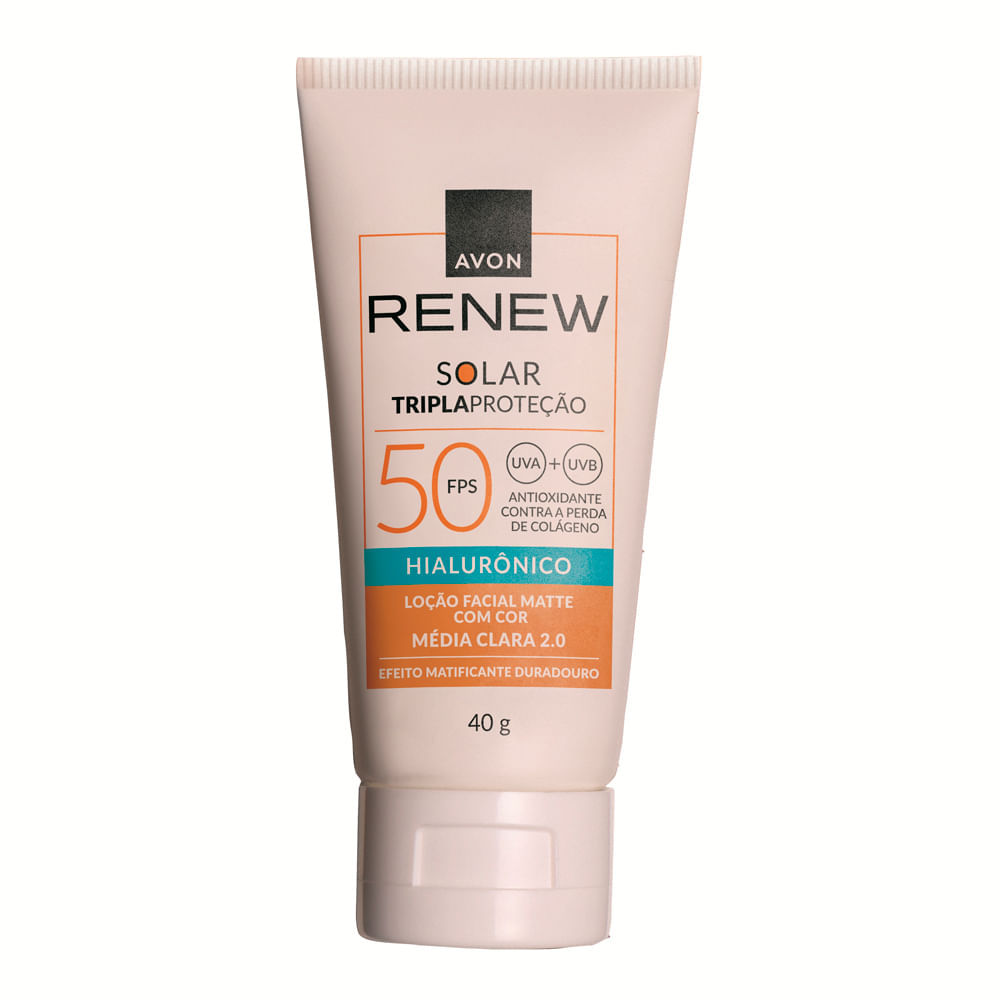 Protetor Solar Facial Tripla Proteção Avon Renew FPS 50 Loção Matte Hialurônico Cor Média Clara 2.0 40g