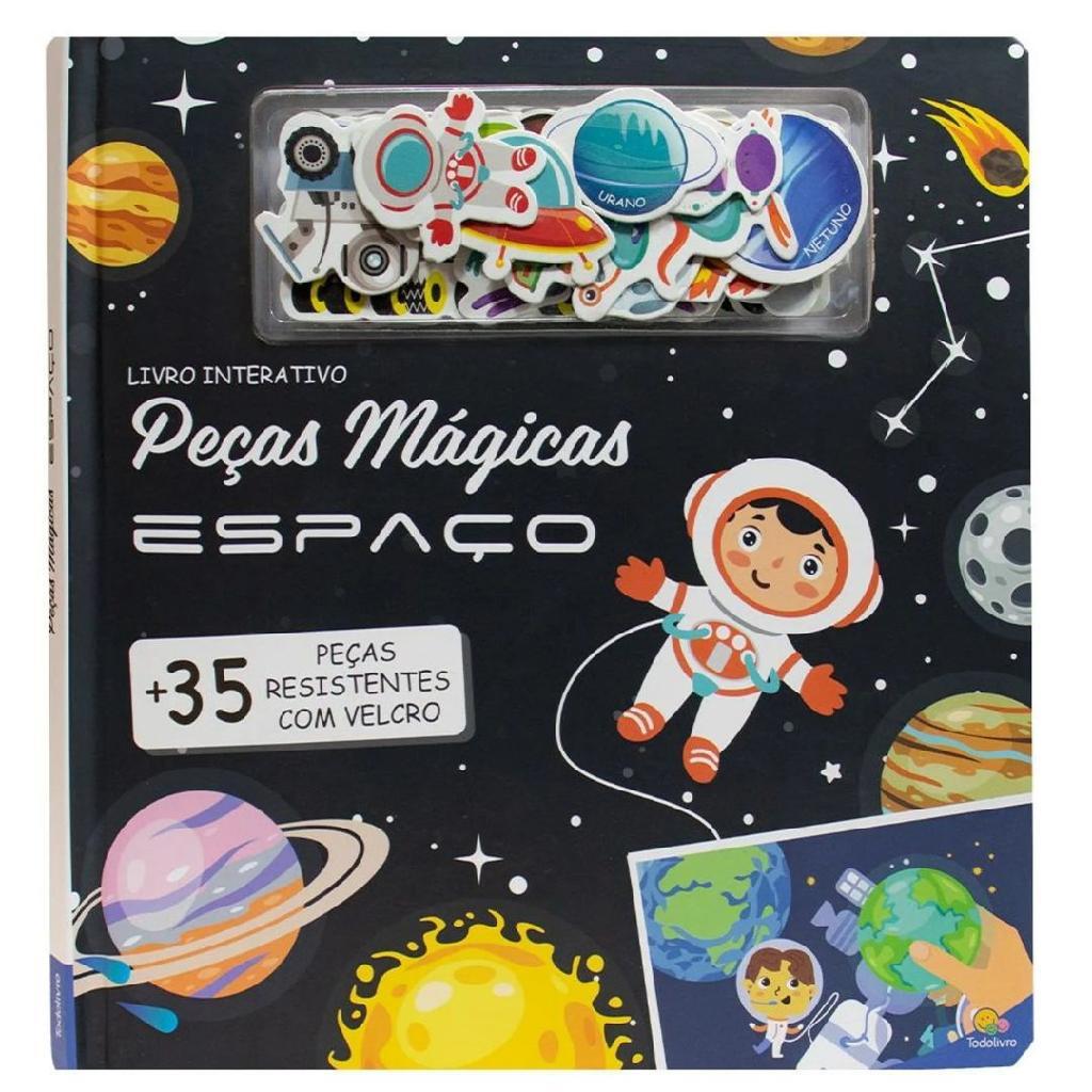 Livro Infantil Espaço 35 Peças Mágicas Com Velcro Todo Livro