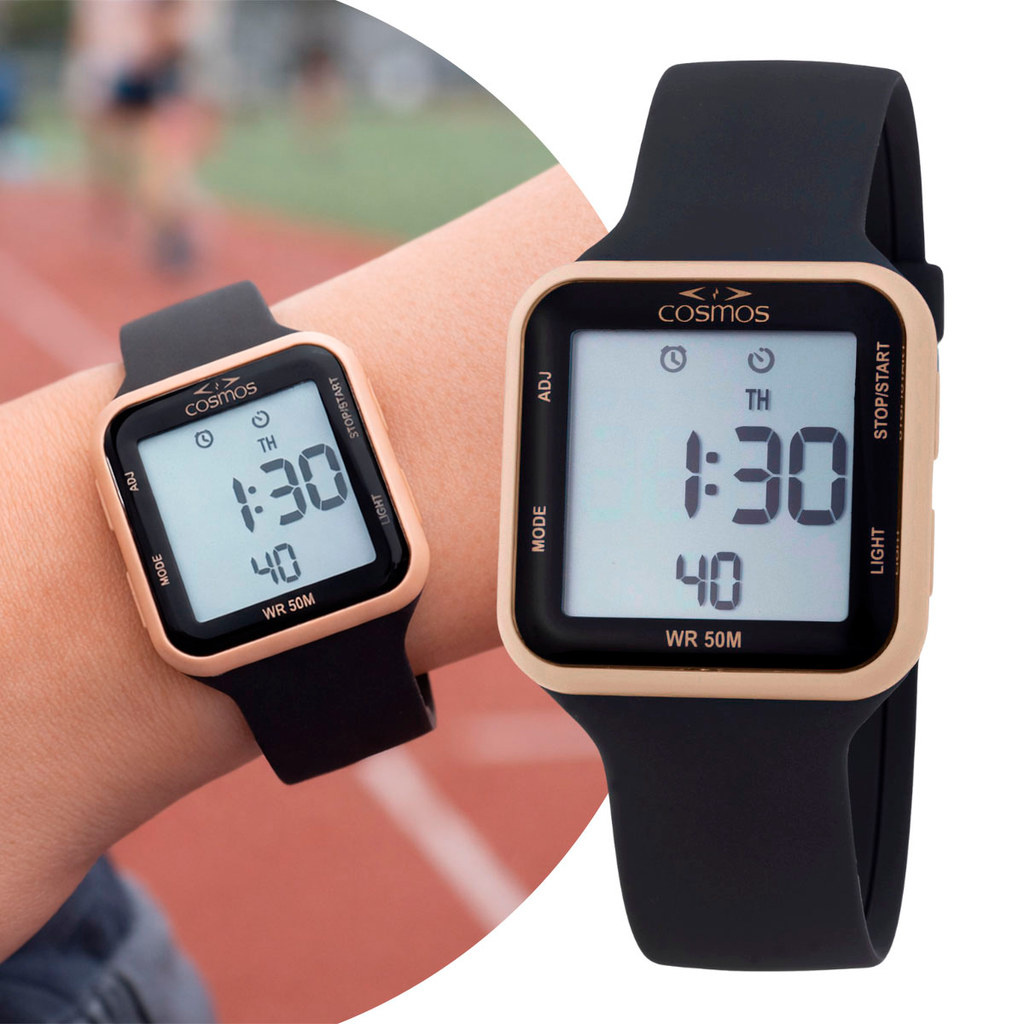 Relógio Feminino Digital Preto Rosé de Pulso Quadrado Pulseira Silicone à Prova D' Água Esportivo Casual Fashion Cosmos