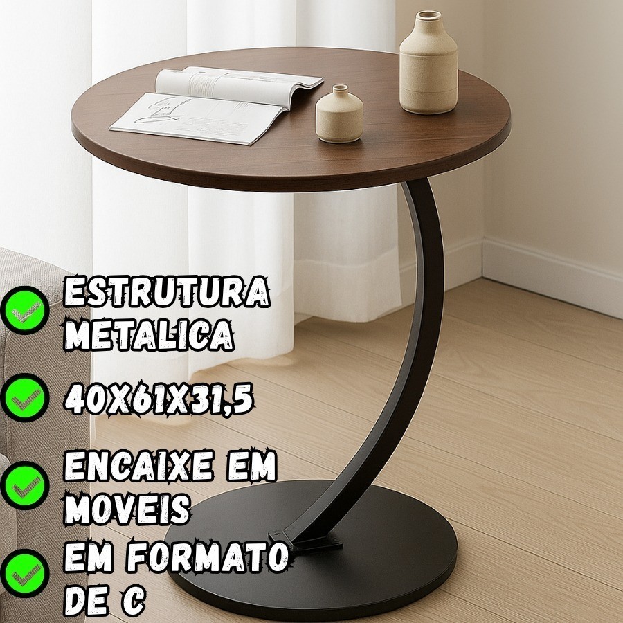 Mesa De Apoio 40X61X31,5CM Pequena Mesa Lateral Curvada Redonda Encaixe Em Moveis Com Base De Metal