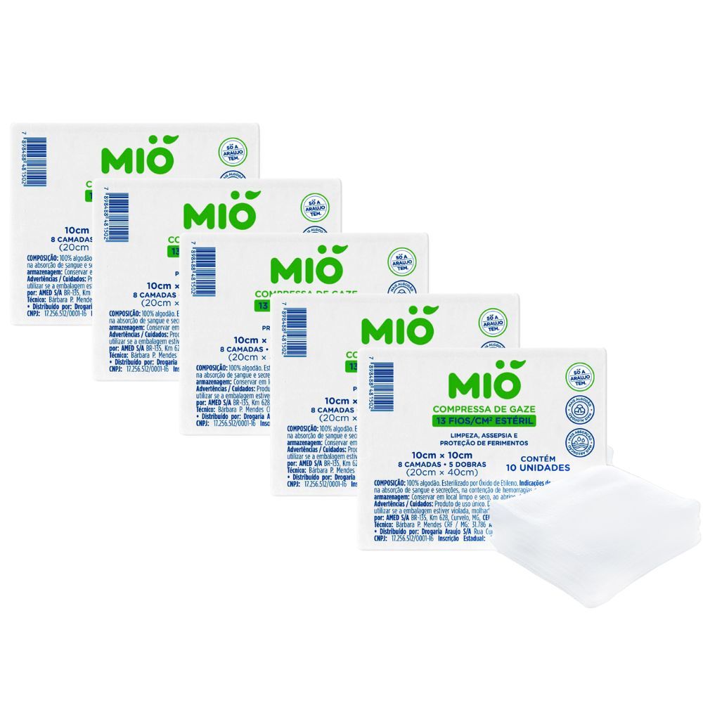 Kit 5 Compressas de Gaze Mió 13 Fios Estéril 10cm X 10cm com 10 Unidades em Oferta na Shopee