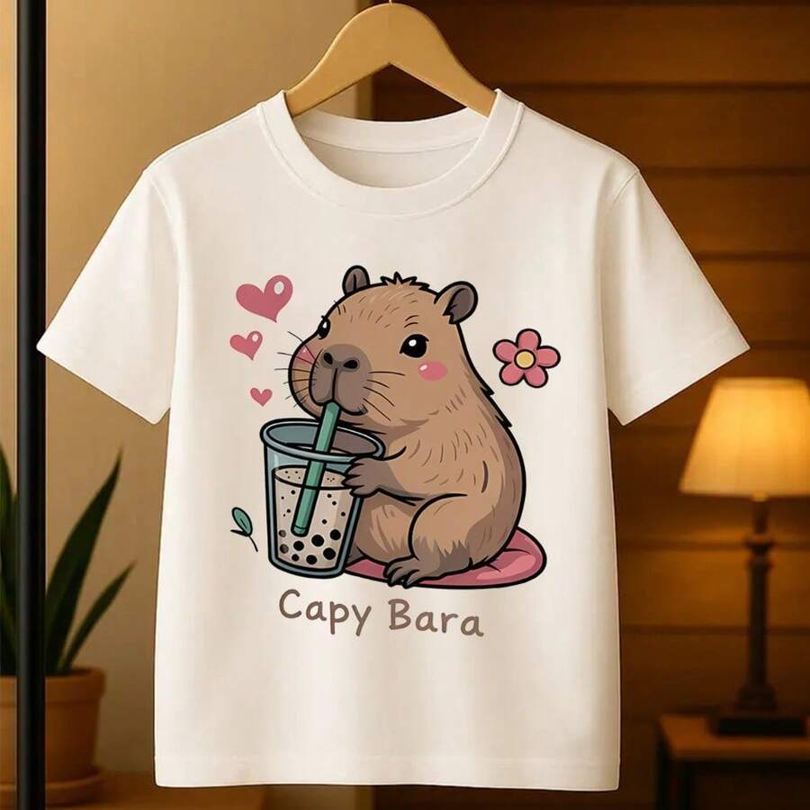 T-shirt de Manga Curta Camiseta Infantil 100% Algodão Estampa Capy bara Suave e Aconchegante para o Verão