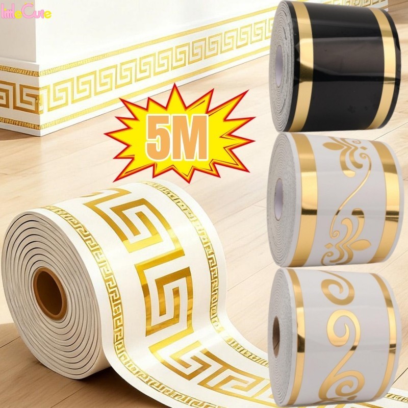 Adesivo De Rodapé Com Padrão Dourado 5M-Decalque De Linha-Cintura De Borda De Piso-Faixa De Acabamento De Parede Macia D