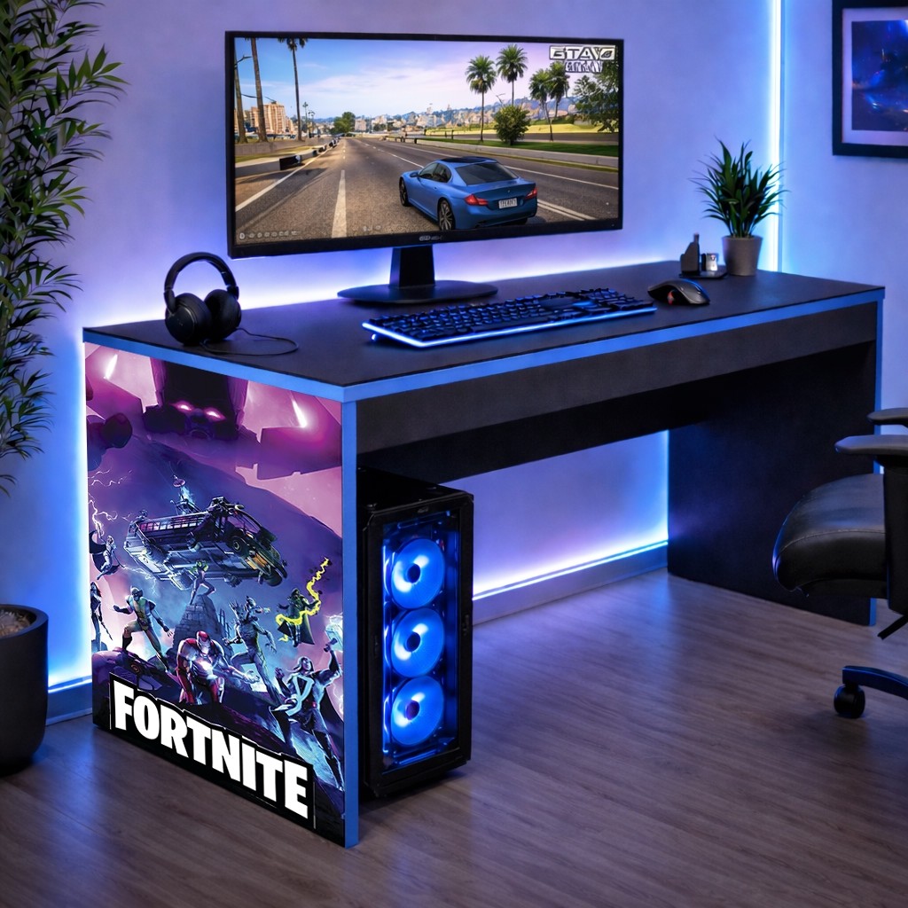 Mesinha Escrivaninha Gamer Borda Azul Marvel Fortnite Galactus Infantil 90 CM Achadinho Oferta