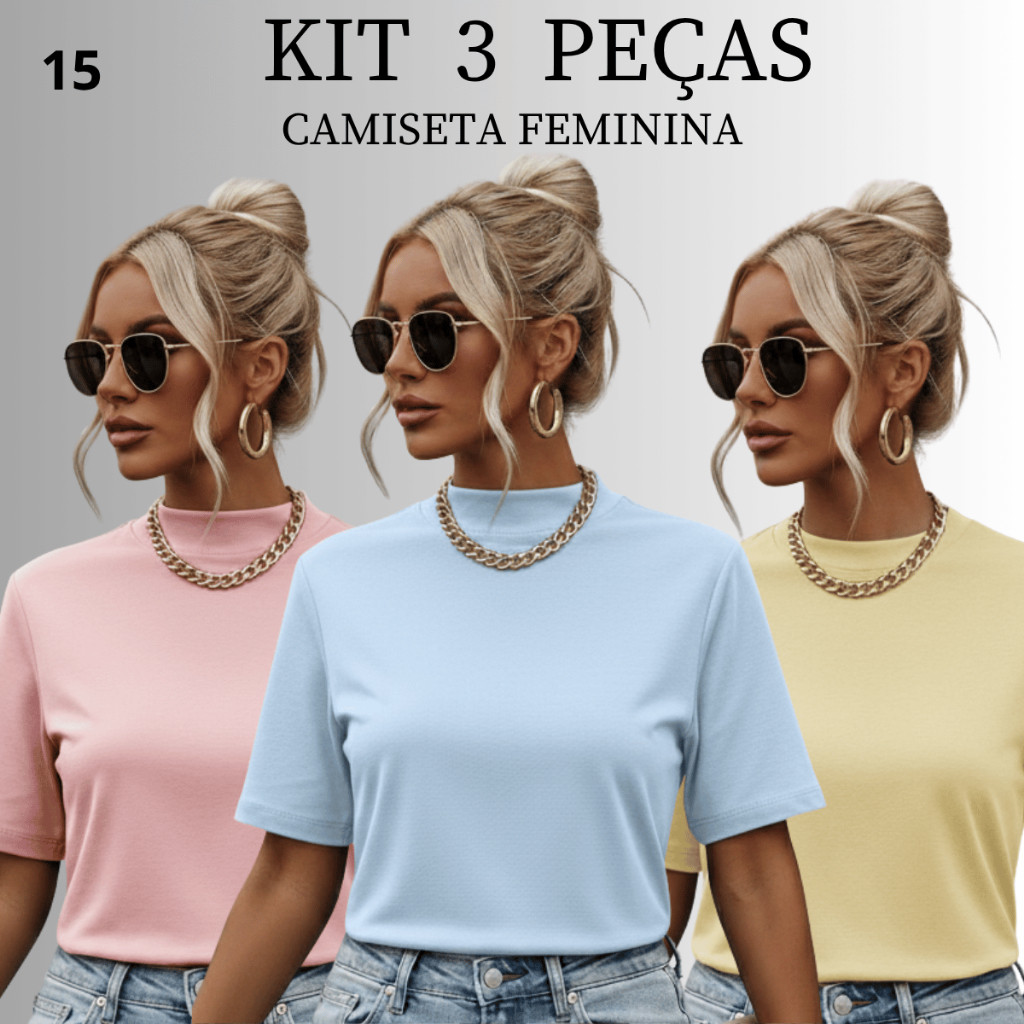 Kit 3 Blusas Feminina Blusinha T-shirt Lisa algodão macio Alta Qualidade Premium Regular Reto