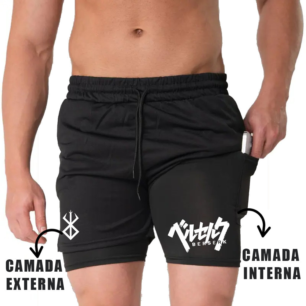 Bermuda Masculina 2 em 1 Dry Fit com Forro de Compressão e Bolso Interno