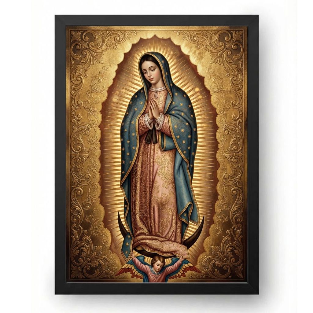 Quadro Placa Decorativa Nossa Senhora de Guadalupe Ouro Fundo Cor