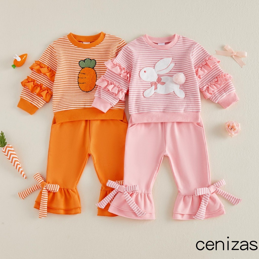 CZN-Roupas De Páscoa Para Meninas Infantis Listradas De Coelho Bordado Manga Comprida Gola Redonda Pulôver + Calça Flare