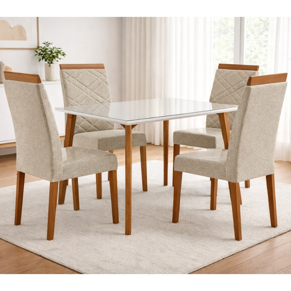 Conjunto Sala de Jantar Mesa 120cm com Tampo de Vidro  Dubai com 4 Cadeiras Atlas Madetal