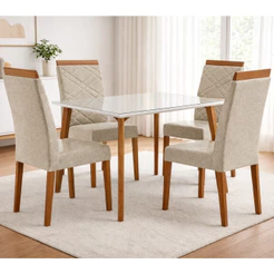 Conjunto Sala de Jantar Mesa 120cm com Tampo de Vidro Dubai com 4 Cadeiras Atlas Madetal