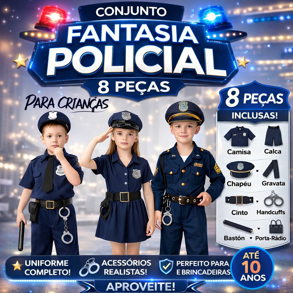 Conjunto Fantasia Policial 8 Peças Crianças Uniforme Fantasia Cosplay Até 10 anos