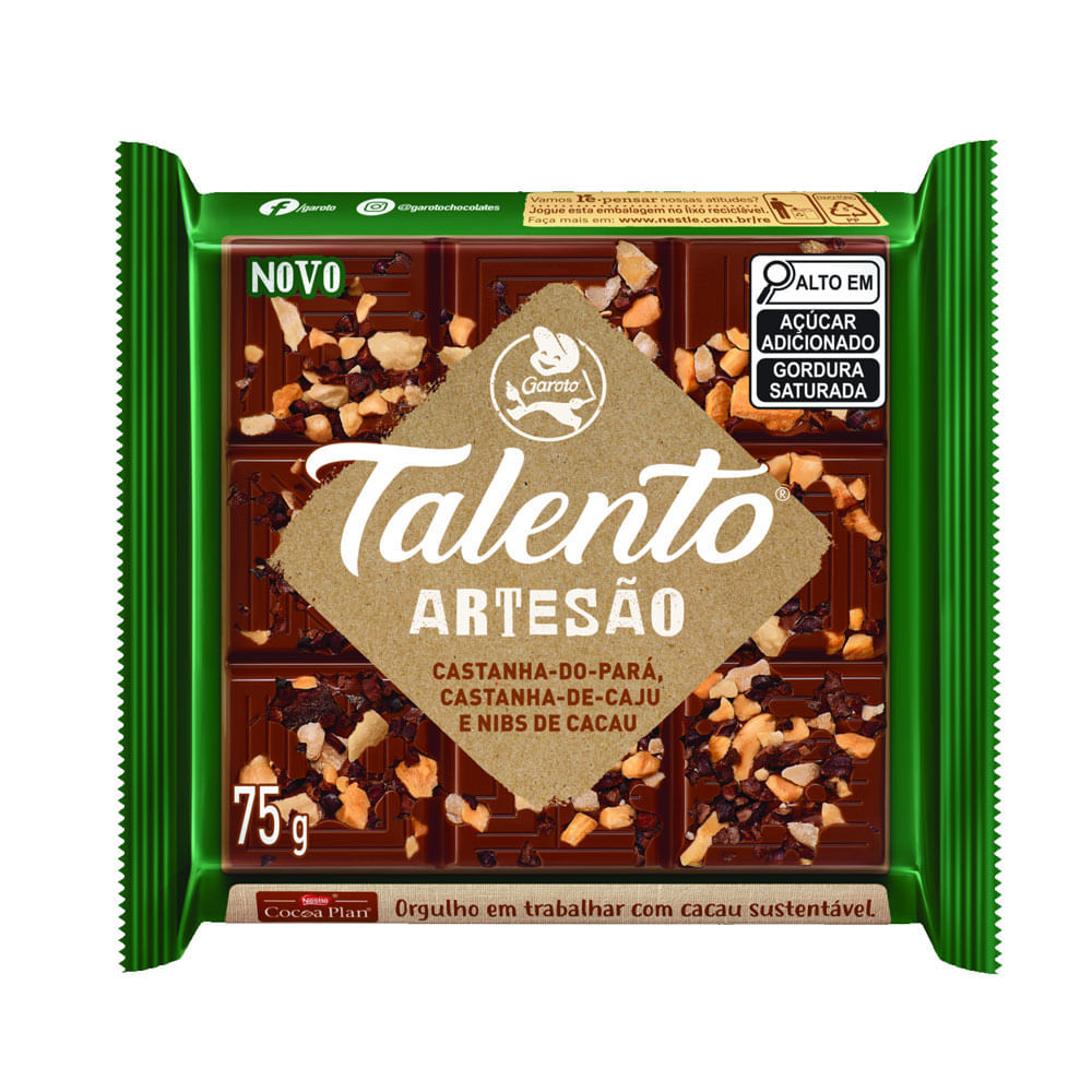 Chocolate Garoto Talento Artesão Castanha do Pará, Castanha de Caju e Nibs de Cacau 75g em Oferta na Shopee