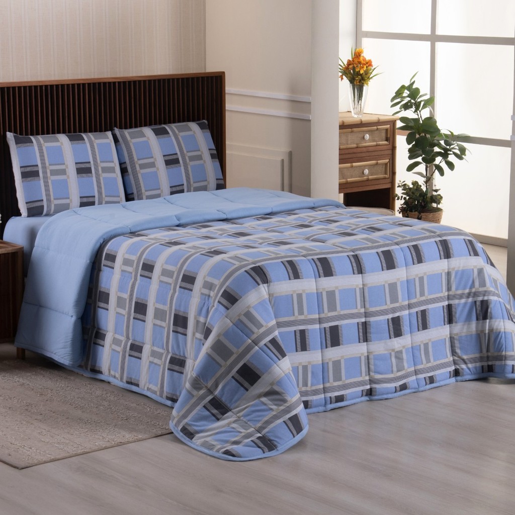 Kit Edredom com Jogo de Lençol 100% Algodão Dupla Face Fronhas com Zíper Malha Penteada Fio 30/1