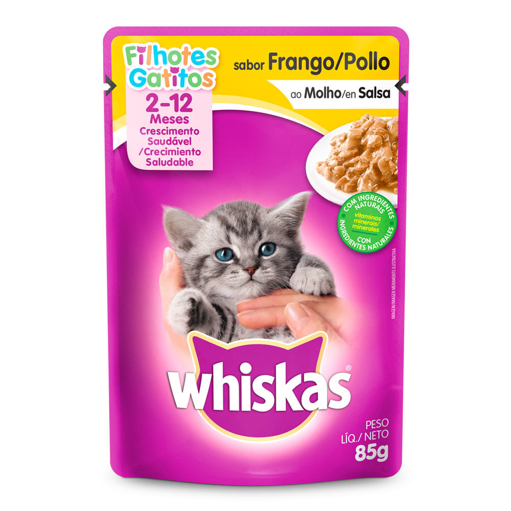 Ração para Gatos Whiskas Filhotes 2 a 12 Meses Sabor Frango ao Molho Sachê 85g em Oferta na Shopee