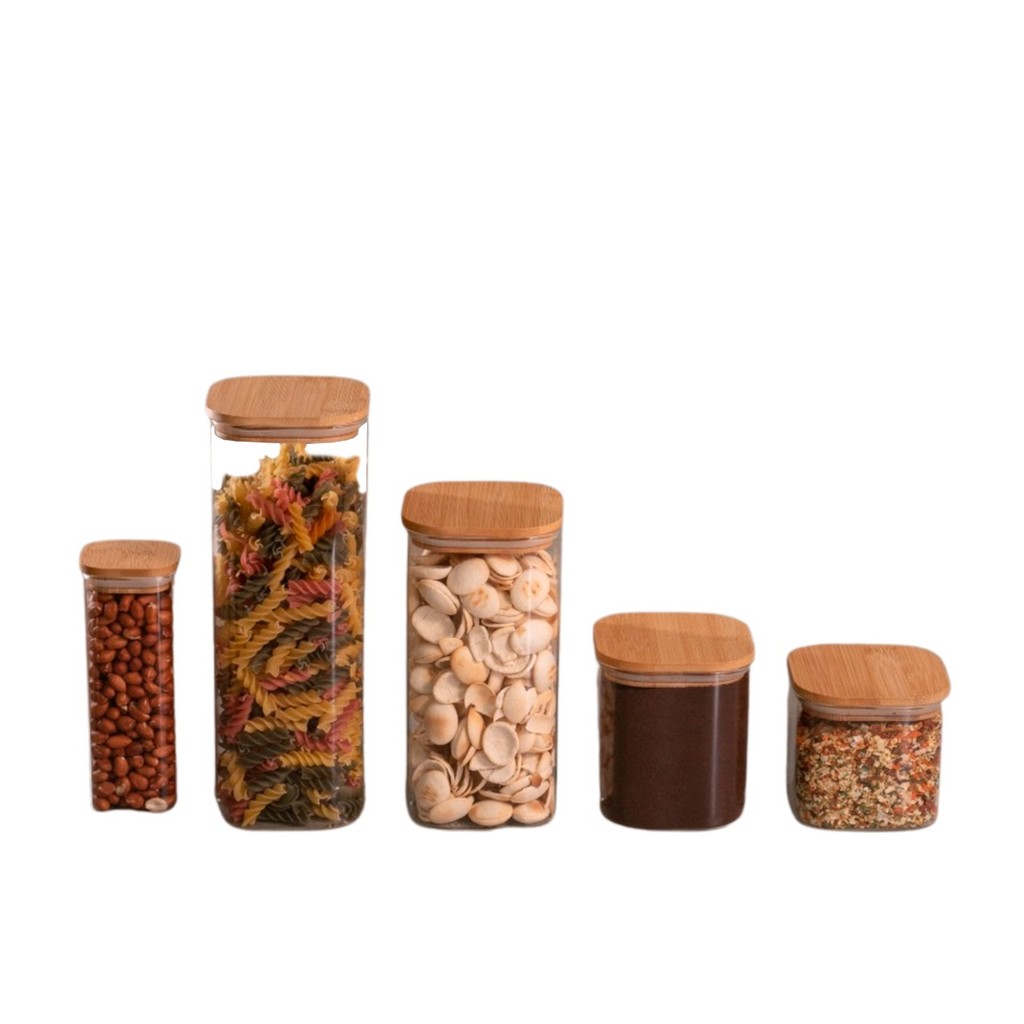 Kit de Pote Hermético de Vidro Quadrado com Tampa de Bambu 5 Peças - Oikos em Oferta na Shopee