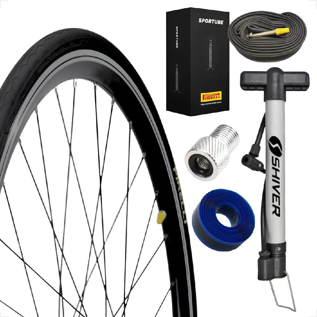 Pneu Bicicleta Pirelli Tornado Alfa 700 X 25 Camara Bico fino Pirelli Bomba de ar adaptador antifuro