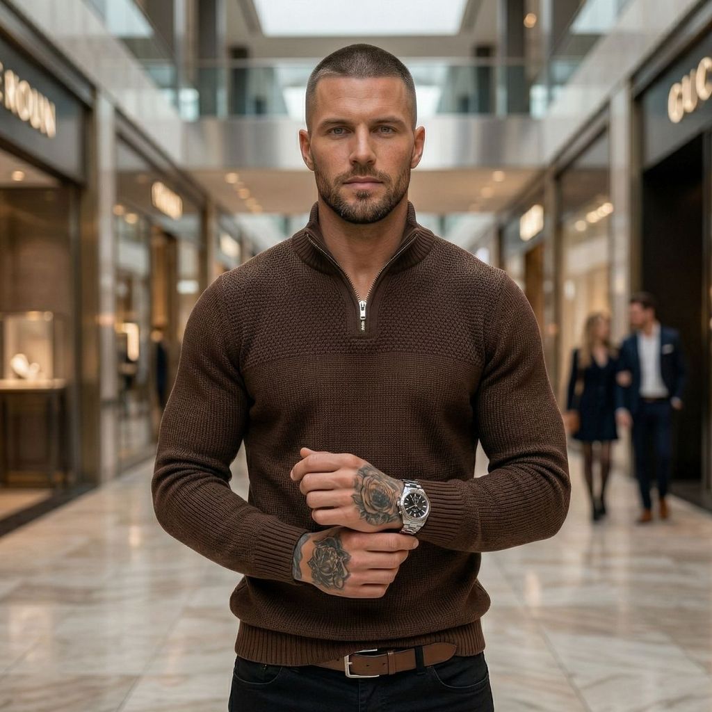 Blusa Suéter Masculino Trico Ziper Gola Alta Manga Longa Moda Inverno Casual Confortável Estilo