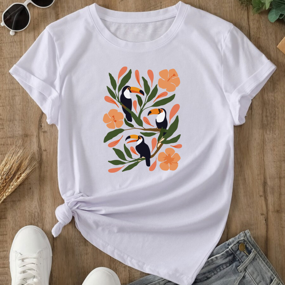 Camiseta T Shirt Feminina Estilosa Estampa Tucanos 100% Algodão Confortável Moda