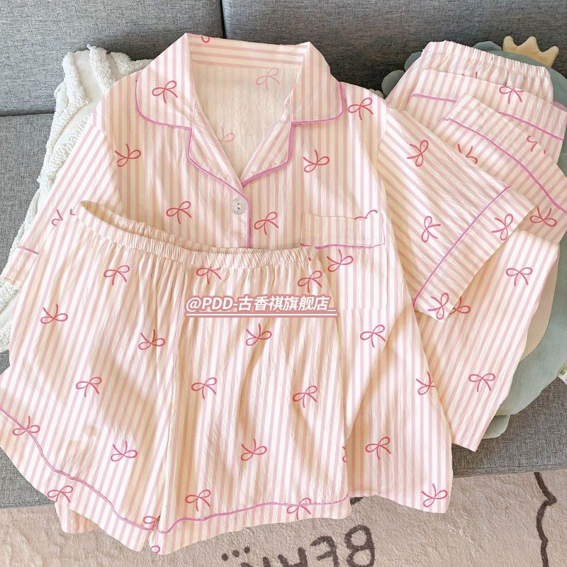 Conjunto de Verão de Três Peças: Pijama Fino para Mulheres, Fofo e Doce, Laço de Borboleta, Roupa de Casa 3841