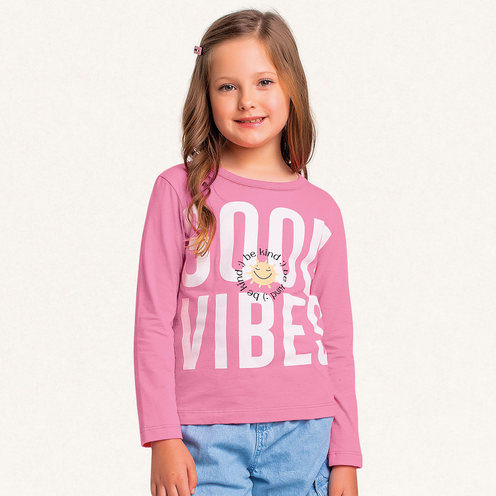 Blusa infantil menina manga longa em meia malha good vibes Fakini