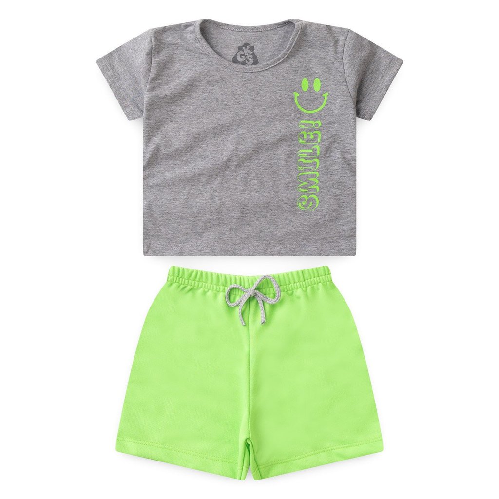 Conjunto Infantil Menina Cropped Estampado + Shorts Moletinho Neon Roupa Infantil Feminina Confortável Verão