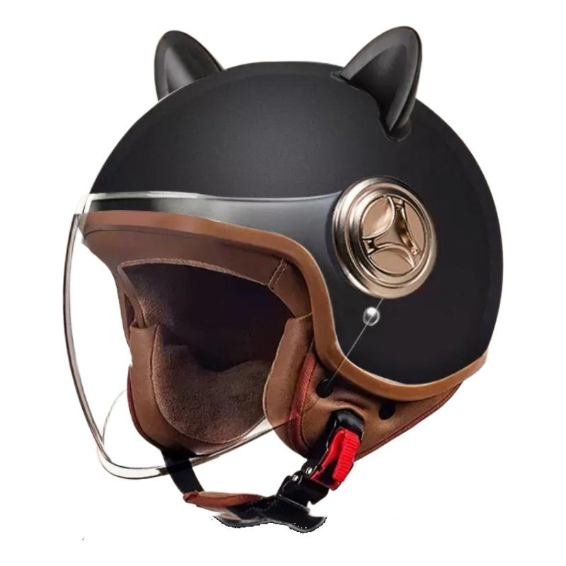 Capacete Retrô Moto Orelha de Gato, Meio Capacete com Viseira, Confortável para Uso Diário