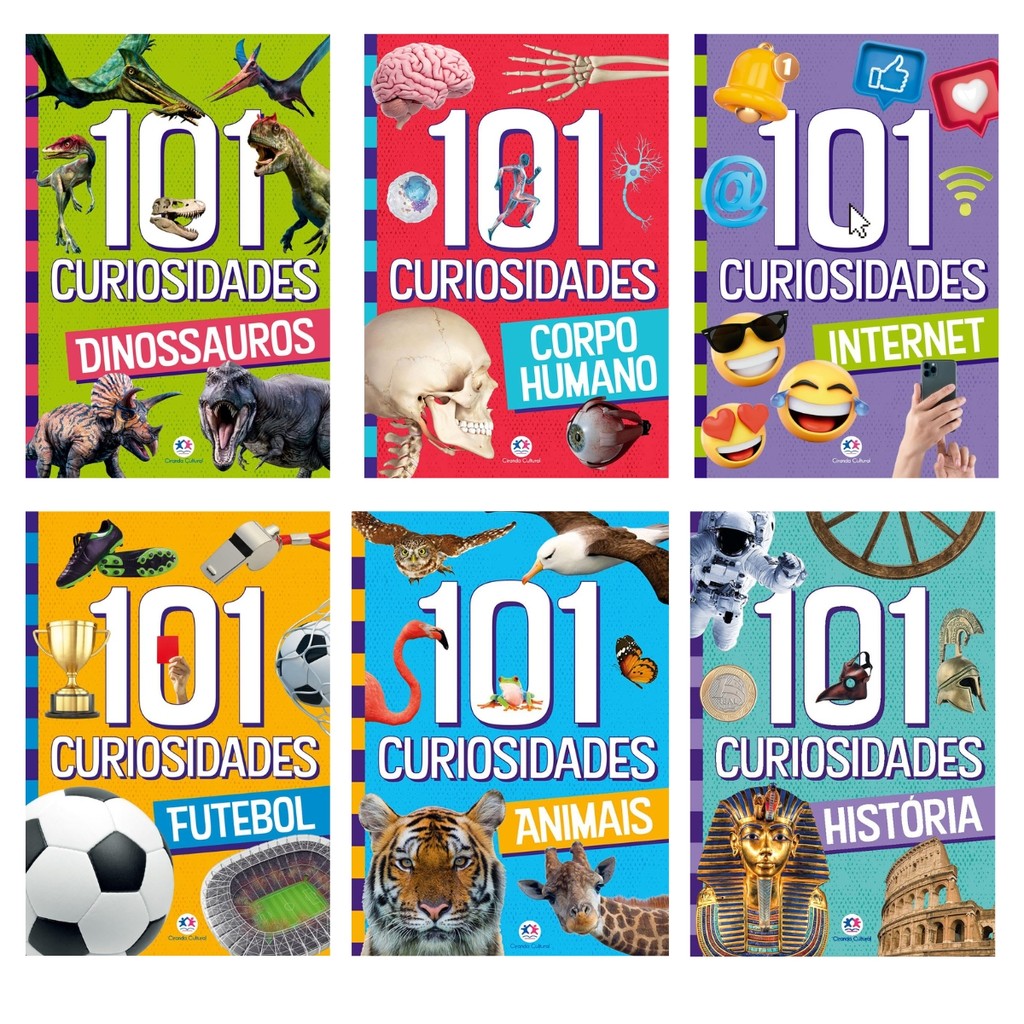 Kit 6 Livros de 101 curiosidades - Animais, Futebol, Dinossauros, Corpo Humano, Internet e Historia